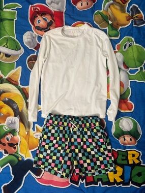 (2/$20) art class White Rash Guard with Multicolor Check Swim Shorts